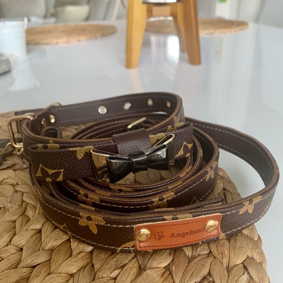 Luxury bow tie pu leather dog collar with leash - Picture 8 of 13